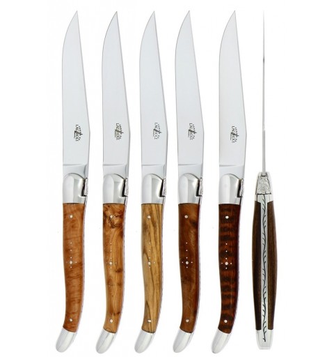 Steakmesser Set mit 6 verschiedenen Holzarten - poliert - 6-teiliges Set