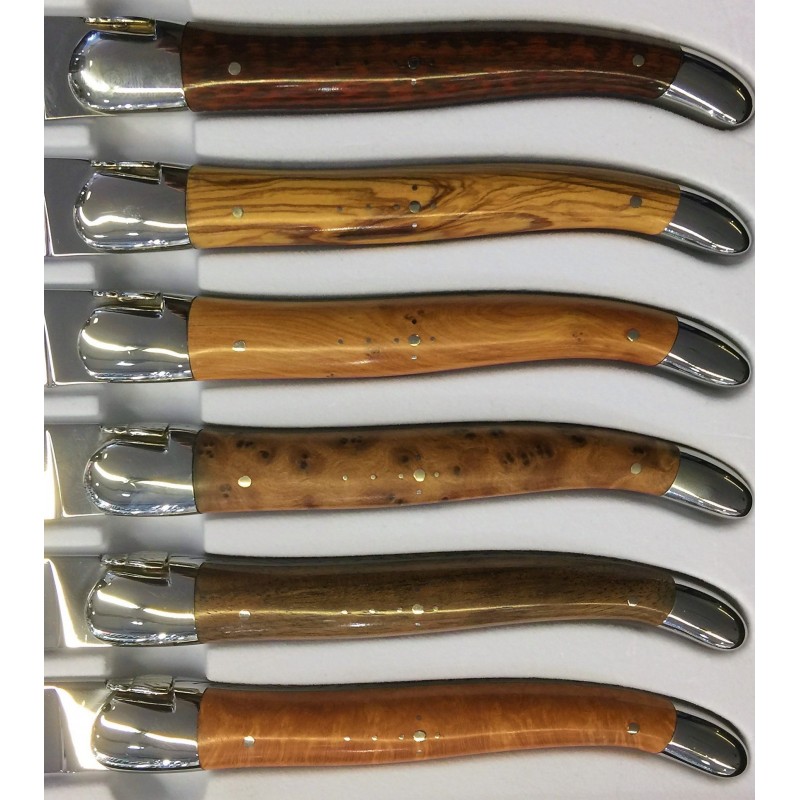 Steakmesser Set mit 6 verschiedenen Holzarten - poliert - 6-teiliges Set